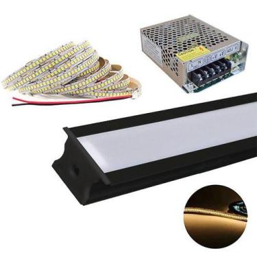 Imagem de Perfil 3 Metros Embutir Aluminio Preto + Fita 240Led Branco Quente + F