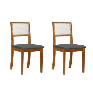 Imagem de Kit 2 Cadeiras de Jantar Luxo Palha Estofadas Linho Cinza Encosto Tela Sextavada Rubi Madeira Maciça