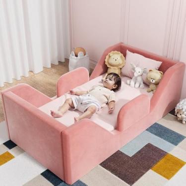 Imagem de COSYSUPER Cama infantil, cama de inundação infantil com segurança extra ampla, tamanho de berço padrão para crianças, camas infantis de tecido certificado, rosa