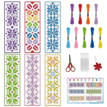 Imagem de INFUNLY Kit de marcadores de página de ponto cruz de flores para iniciantes 21 x 9 cm, kit de marcadores de página com estampa geométrica, kit de ponto cruz com instruções para amantes de livros,