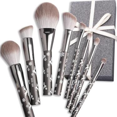 Imagem de Conjunto de pincéis de maquiagem de cabelo de cabra natural da Luxury ENZO KEN, conjunto de pincéis de sombra de cabelo real extra macio, kit de pincéis de mistura de rosto plano redondo grande angular - conjunto de presentes de rena de floco de neve de Natal cinza Carcoal