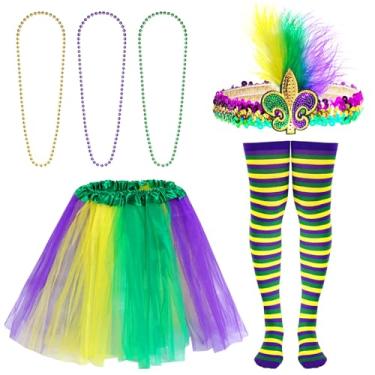Imagem de baotongle Mardi Gras Tutu Skirt Costume Accessory Set Faux Feather Headband with Long Socks 3 Beads Mardi Gras Necklace for Women Girls