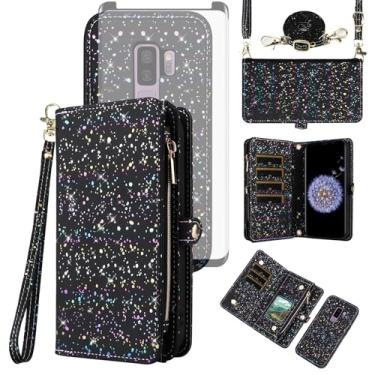 Imagem de Asuwish Capa de celular para Samsung Galaxy S9 Plus com zíper carteira magnética destacável com protetor de tela de vidro temperado e suporte de cartão com glitter, suporte para celular S9+ 9S 9+ S 9