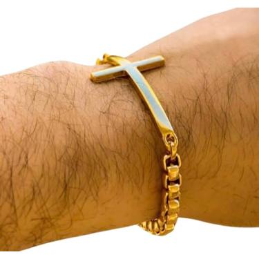 Imagem de Pulseira Masculina Banhada a Ouro com Crucifixo, Corrente Estilo Veneziana Large