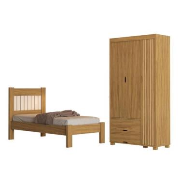 Imagem de Kit Cama Solteiro Para Quarto MDF Com Guarda Roupa 3 Portas 2 Gavetas 