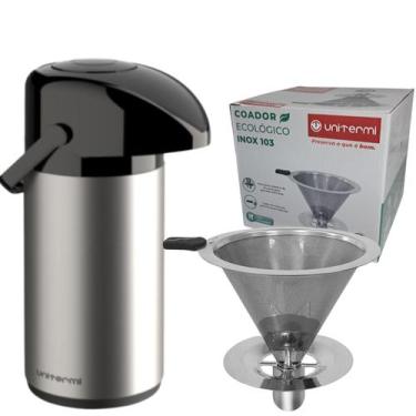 Imagem de Kit Garrafa térmica 600ML Inox Verona Coador Inox Tamanho 103 Filtro d