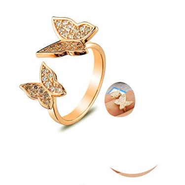 Imagem de METTU Anel de borboleta para mulheres, anel de dedo de borboleta dupla, anel de zircônia cúbica ajustável aberto para mulheres, banhado a cobre, ouro rosé, prata, anel, Cobre