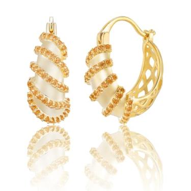 Imagem de Brincos de strass de argola glod 14K para mulheres, bijuterias, 20*21.1mm, Ouro amarelo, Zircônia cúbica