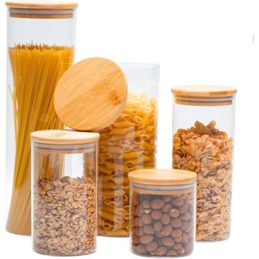 Imagem de Kit 05 Potes de Vidro Circular Hermético Multiuso com Tampa de Bambu Empilhaveis - 500 ml, 800 ml, 1000 ml, 1200 ml e 1500 ml.