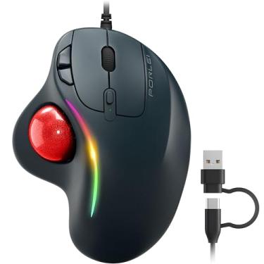 Imagem de Mouse trackball com fio, design ergonômico confortável reduz a tensão muscular, fácil controle do polegar, rastreamento preciso com 5 opções de DPI, interface dupla USB-C/USB-A compatível com PC