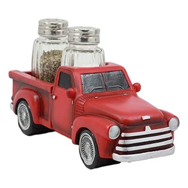 Imagem de Ebros Classic Old Fashioned Red Pickup suporte de estatueta de caminhão para saleiro de vidro e agitadores de pimenta decoração de cozinha estátua, S&P Shakers, 3"Tall 7.5"Wide 3"Deep