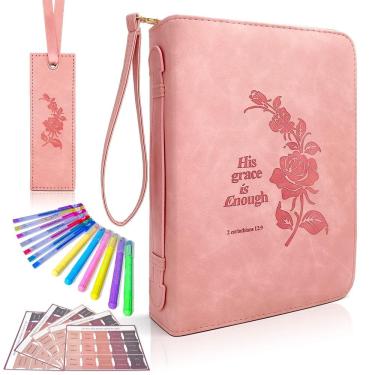 Imagem de Capa de Bíblia ZQYJJ em couro PU impermeável para Bíblias de 17,4 polegadas rosa