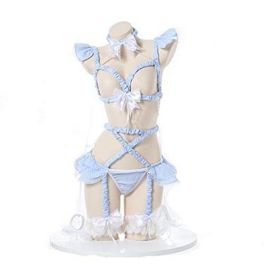 Imagem de JasmyGirls Conjunto de lingerie sexy cosplay kawaii, anime, Lolita, roupa íntima, sutiã xadrez, pijama com gargantilha e cinta-liga