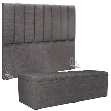 Imagem de Kit Cabeceira Cama Box Casal Dália W01 140cm para Colchão Linho Madeira Cinza Escuro