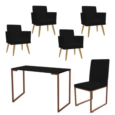 Imagem de Kit Escritório 4 Poltronas Com Cadeira E Mesa Preto Bronze Corino Preto - Amey Decor