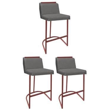 Imagem de Kit 03 Banquetas Com Encosto Confort Bistrô Cozinha Ferro Bronze Corino Cinza Amey Decor