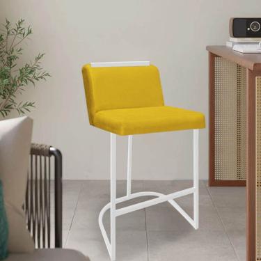 Imagem de Banqueta Com Encosto Nynna Luxo Confort Bistrô Cozinha Ferro Branco Corino Amarelo - Amey Decor