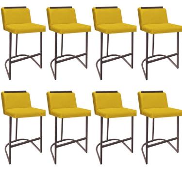 Imagem de Kit 08 Banquetas Com Encosto Confort Bistrô Cozinha Ferro Marrom Corino Amarelo Amey Decor