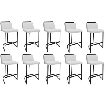 Imagem de Kit 10 Banquetas Com Encosto Confort Bistrô Cozinha Ferro Preto Corino Branco Amey Decor
