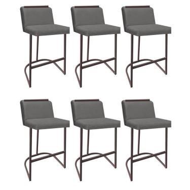 Imagem de Kit 06 Banquetas Com Encosto Confort Bistrô Cozinha Ferro Marrom Corino Cinza Amey Decor