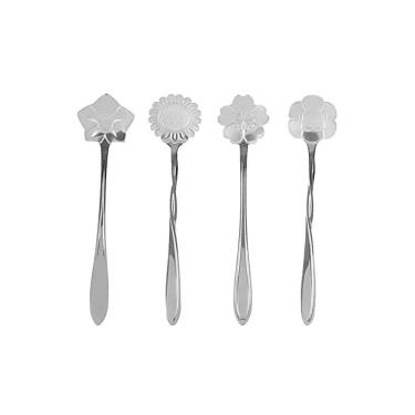 Imagem de Conjunto 4 Colheres Aço Inox Para Chá Flores Prateada