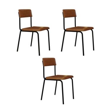 Imagem de Conjunto 3 Cadeiras Estofadas Fixa Empilhável Fit Caramelo - Preto Fosco
