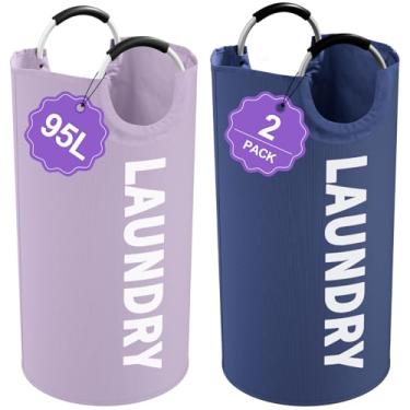 Imagem de IHOMAGIC Conjunto de 2 cestos de lavanderia grandes, cestos de lavanderia dobráveis de 95 L com alças de alumínio, cestos de roupas sujas portáteis para quarto, viagem, roxo + azul marinho