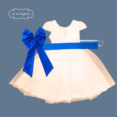 Imagem de Vestido longo Off White com Faixa e Laço Azul Royal Infantil Festa ele