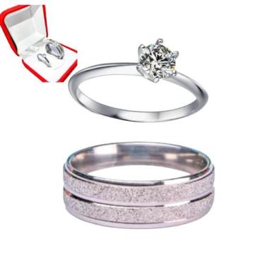 Imagem de Anel Prata 6mm Risco Brilho Compromisso + Anel Prata 2mm Pedra Branca 