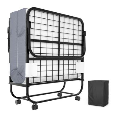 Imagem de Karcog Cama dobrável com colchão, capa de armazenamento incluída, cama de hóspedes extra dobrável para adultos, com colchão de espuma viscoelástica e estrutura de metal resistente sobre rodas, 190 cm