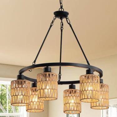Imagem de OTeedo Lustres De Vime Boho De 6 Lâmpadas De 24" Para Sala De Jantar, Lustres De Roda De Carroça Estilo Fazenda, Luzes Pendentes Redondas Com Altura Ajustável Para Ilha De Cozinha, Luminária De Lus