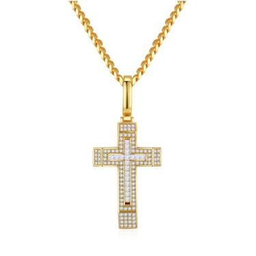 Imagem de VIVDEC Colar masculino com cruz hip hop de 61 cm - corrente com pingente de crucifixo banhado a ouro 18K ou ródio, Zircão
