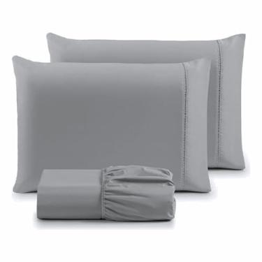 Imagem de Jogo de Lençol King 3Pçs Micropercal 400 Fios com Ponto Palito | Toque Acetinado de Hotel, Antiácaro, Não Amassa, Elástico, Anti Bolinha, Extra Macio - Cor Cinza