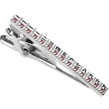Imagem de HAWSON Prendedor de gravata masculino skinny Mahjong de 5 cm exclusivo prata altamente polido com pingentes da sorte vermelhos e pretos, acessório de novidade com tema asiático para negócios, noites