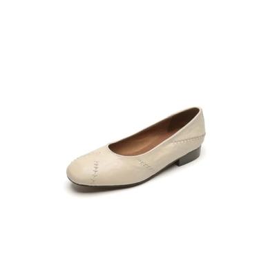 Imagem de TinaCus Tênis feminino feito à mão, de couro legítimo, sem costura, bico redondo, confortável para escritório, Bege, 36