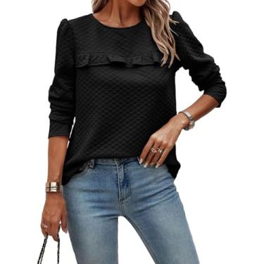 Imagem de Blusas Femininas De Cor Sólida Manga Comprida Botão Nas Costas Decote Redondo Acolchoado Babado Camisas Da Moda Outono Inverno Casual Tops, Black, S