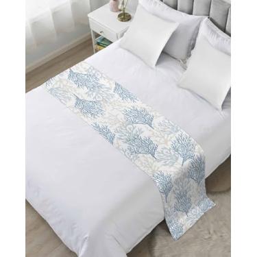 Imagem de Corredor de cama costeira azul cinza coral para cama king size, protetor de colcha, cachecol de cama para pés de cama, corredores e cachecóis para quarto, hotel, quarto de casamento, 250 x 50 cm