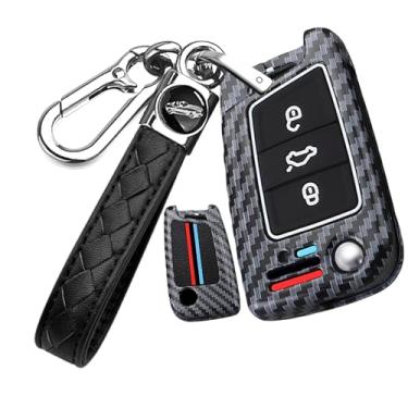 Imagem de HIBEYO Capa de chaveiro dobrável para Volkswagen VW Golf 7 Capa de chave de carro para Volkswagen Polo Tiguan MK7 Sagitar T-ROC Lavida Acessórios de metal e silicone - Chaveiro B (linhas vermelhas e