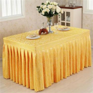 Imagem de Toalha de mesa retangular de poliéster jacquard para conferências, cor sólida, saia para mesa de atividades, para decoração de festas de aniversário e casamento, dourada, 60L x 160C x 75A cm