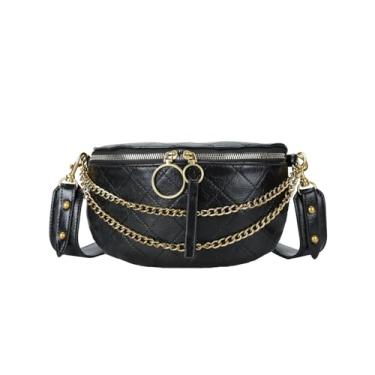 Imagem de Pochete de couro feminina transversal, bolsa de cinto elegante com corrente dourada - bolsa de cintura de luxo preta (preto-2)
