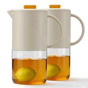 Imagem de Delove Jarra de vidro borossilicato com tampa e bico automático – capa de plástico inquebrável, design de boca larga – Jarro de 1,9 l para água fervente, chá gelado, suco e café frio (2, bege)