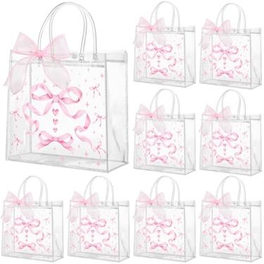 Imagem de Wesnoy 24 peças de sacos de presente de PVC transparente com laço rosa com alças coquete laço de festa reutilizável sacolas de doces de plástico para casamento, aniversário, chá de bebê, artigos de