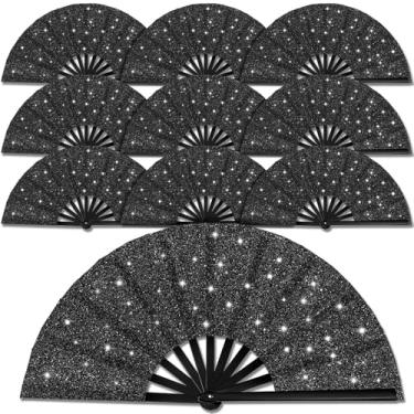 Imagem de Leinuosen 10 peças de leques dobráveis chineses grandes para dança em linha, ventiladores de mão dobráveis de 33 polegadas para rave estourando botas no chão, decorações de lembrancinhas de festa de