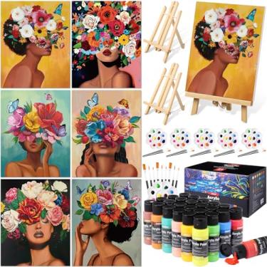 Imagem de AmazingSpark Conjunto de 6 kits de pintura e sip para adultos tela pré-desenhada de 20 cm x 25 cm para pintura DlY conjunto de pintura acrílica painéis de lona cavalete de madeira, 24 cores 60 ml 60