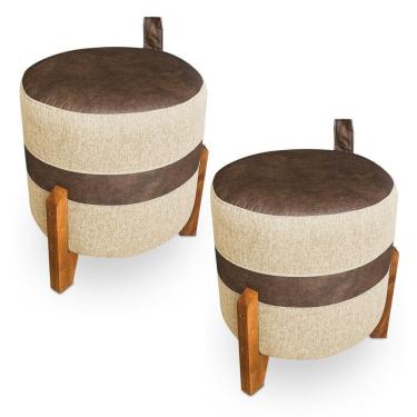 Imagem de Kit 02 Puffs Le Mans Linho Dourado E Corano Nozes Base De Madeira - Pallazio