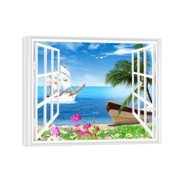 Imagem de Impressões em tela paisagens-Arte parede janela falsa-Flores barco-Natureza Pintura Decoração Banheiro Tela Embrulhada 20x25cm