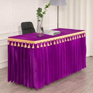 Imagem de Toalha de mesa de veludo dourado para conferências, exposições, pendurada, com franjas, para saia de mesa com borlas, retangular, roxa, 120x40x75 cm