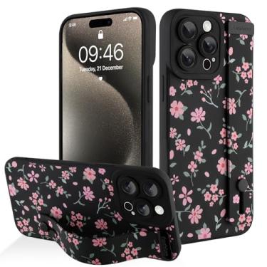 Imagem de AIGOMARA Capa para iPhone 15 Pro Max com alça para mulheres e meninas, linda estampa floral rosa, capa protetora de silicone com suporte de faixa macia, preta