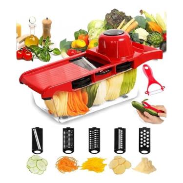 Imagem de Ralador Fatiador de Legumes Multifuncional para Cozinha, Cortador 6 em 1 com Recipiente, Acessório Prático para Preparo Rápido de Saladas, Batata Palha e Vinagrete, Economize Tempo.