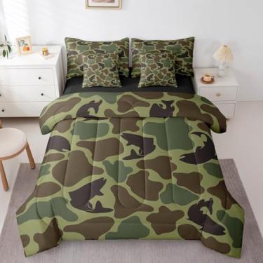Imagem de Erosebridal Jogo de cama solteiro de caça de peixe, caçador, camuflagem, exército, caçador, 7 peças, rústico, vida selvagem, robalo, casa de fazenda, conjunto de lençol com edredom vintage verde